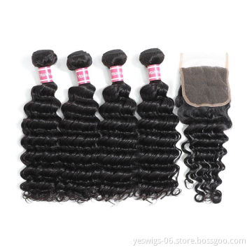 Peruvian Hair Deep Wave Hair 4 Bundles with Closure Remy Human Hair Weave Bundles With Closure Natural Color